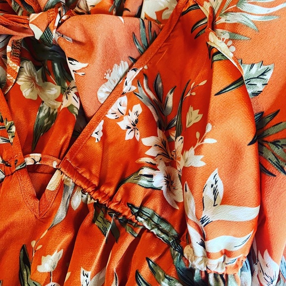 🧡 NWOT BOUTIQUE STYLE SLINKY SILKY ASIAN HAWAIIAN ORANGE FLORAL MAXI DRESS - Picture 7 of 8